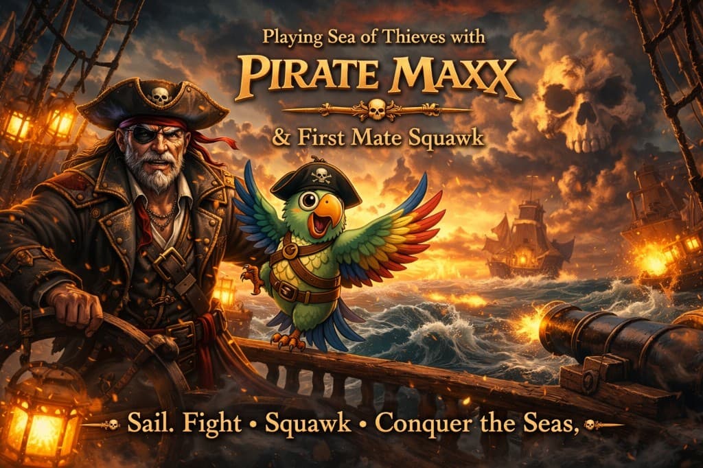Pirate Maxx and First Mate Squawk artwork on stormy seas.